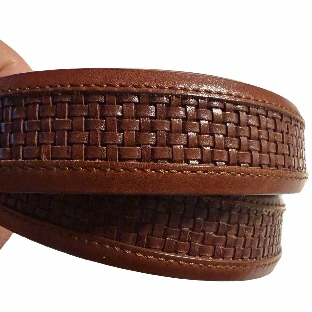 Allen Edmonds Basketweave Leather Belt Brown Solid Brass USA 46 Calfskin VTG